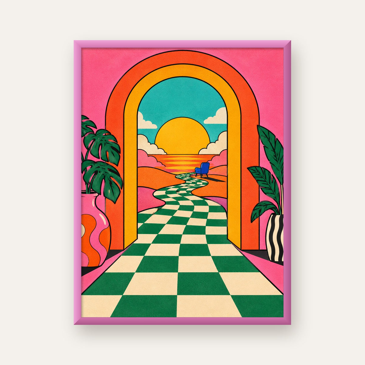 Retro Manzara ve Çizgili Yol Dijital Poster - Renkli Dekor — pembe çerçeveli