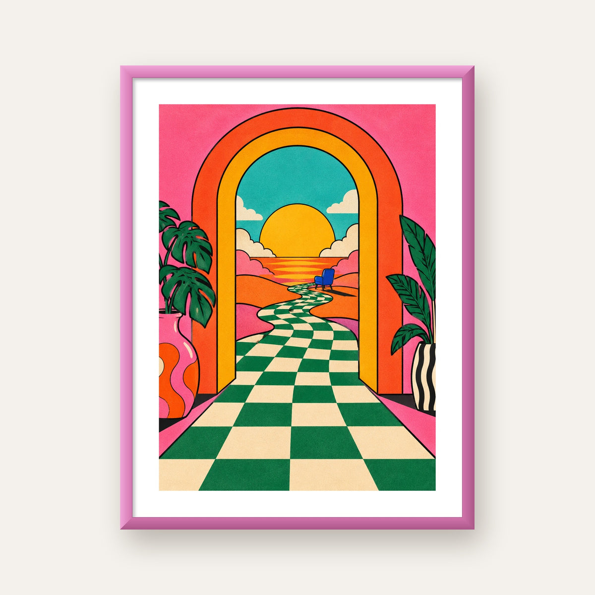 Retro Manzara ve Çizgili Yol Dijital Poster - Renkli Dekor — pembe çerçeveli paspartulu