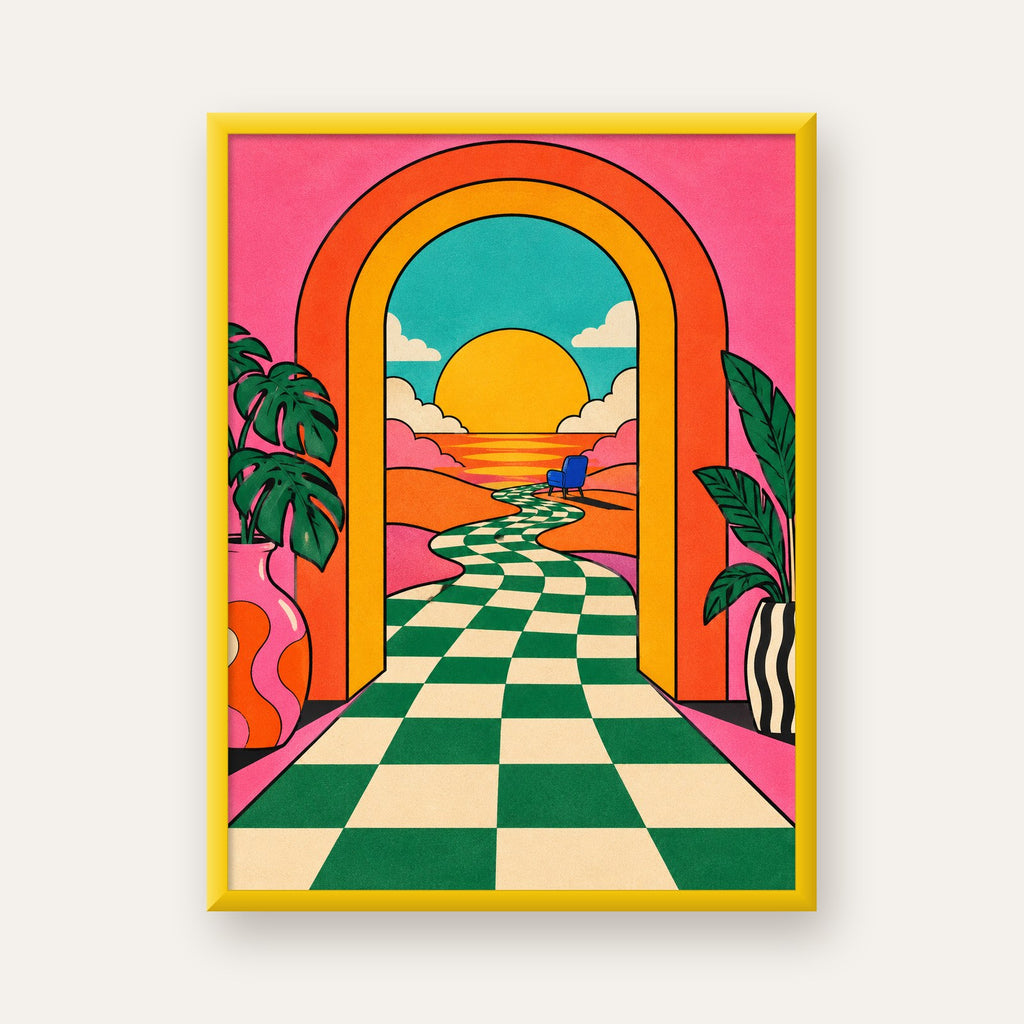Retro Manzara ve Çizgili Yol Dijital Poster - Renkli Dekor — sarı çerçeveli