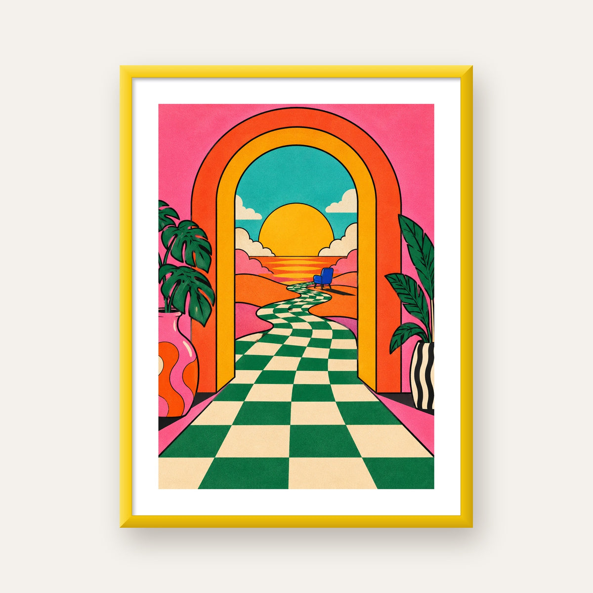 Retro Manzara ve Çizgili Yol Dijital Poster - Renkli Dekor — sarı çerçeveli paspartulu