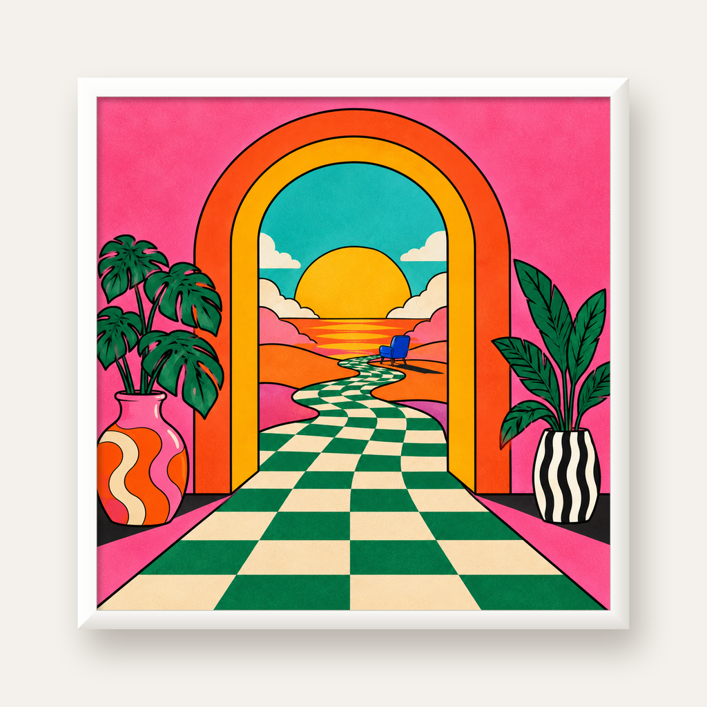 Retro Manzara ve Çizgili Yol Dijital Poster - Renkli Dekor — beyaz çerçeveli kare poster