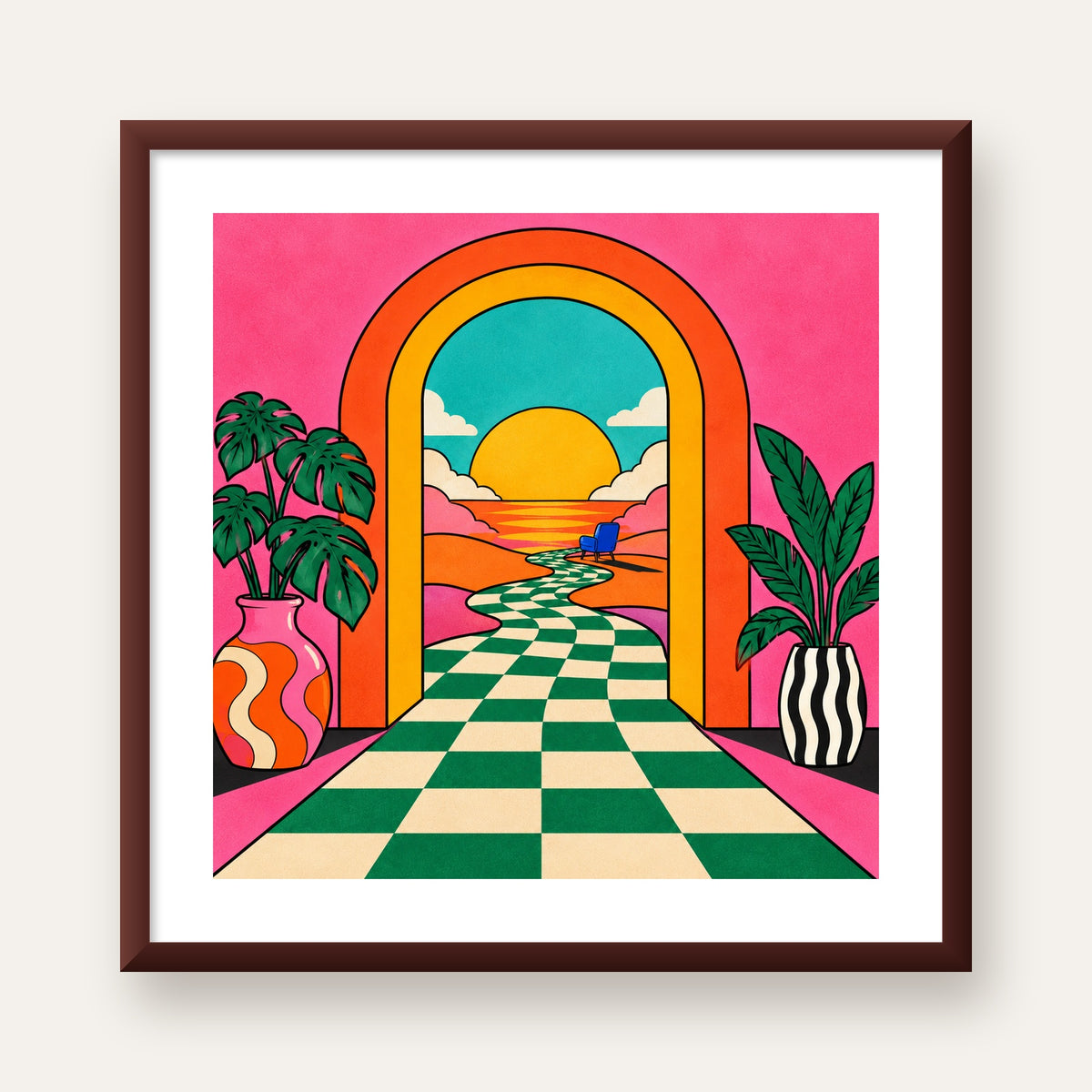 Retro Manzara ve Çizgili Yol Dijital Poster - Renkli Dekor — ceviz çerçeveli paspartulu