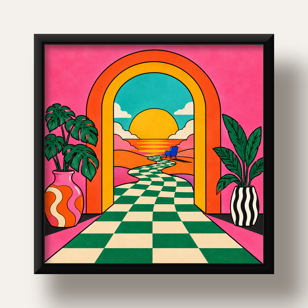 Retro Manzara ve Çizgili Yol Dijital Poster - Renkli Dekor — siyah derin çerçeveli