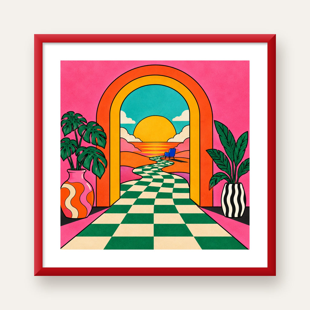 Retro Manzara ve Çizgili Yol Dijital Poster - Renkli Dekor — kırmızı çerçeveli paspartulu
