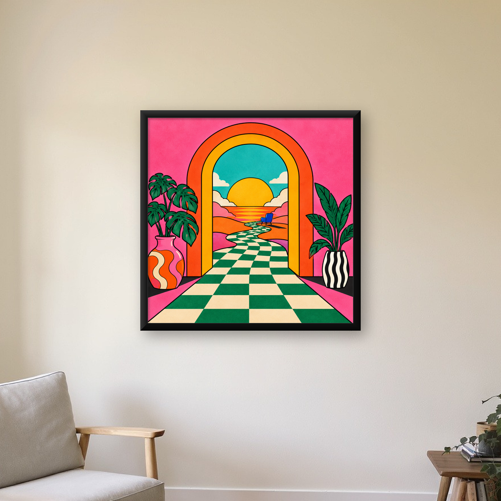 Retro Manzara ve Çizgili Yol Dijital Poster - Renkli Dekor — Kare baskı, çerçeveli hâliyle bir ev duvarında
