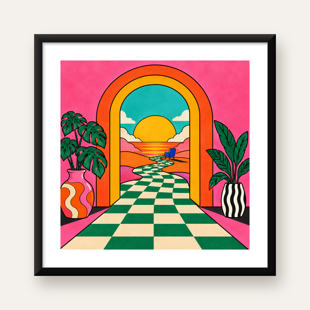 Retro Manzara ve Çizgili Yol Dijital Poster - Renkli Dekor — Kare baskı, beyaz paspartulu