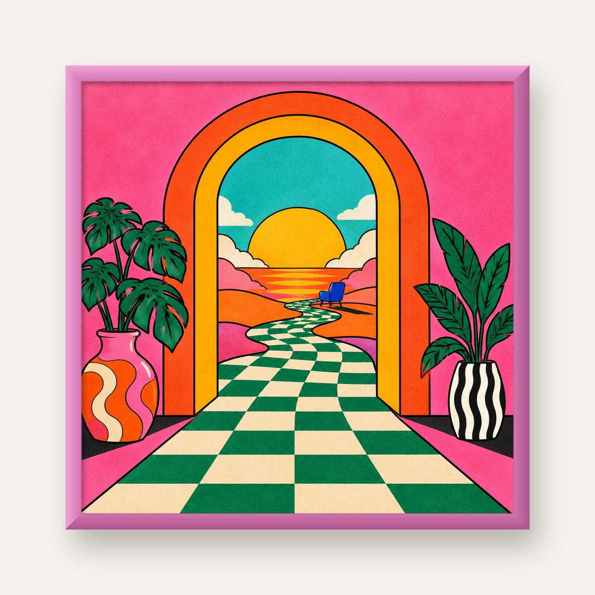 Retro Manzara ve Çizgili Yol Dijital Poster - Renkli Dekor — pembe çerçeveli