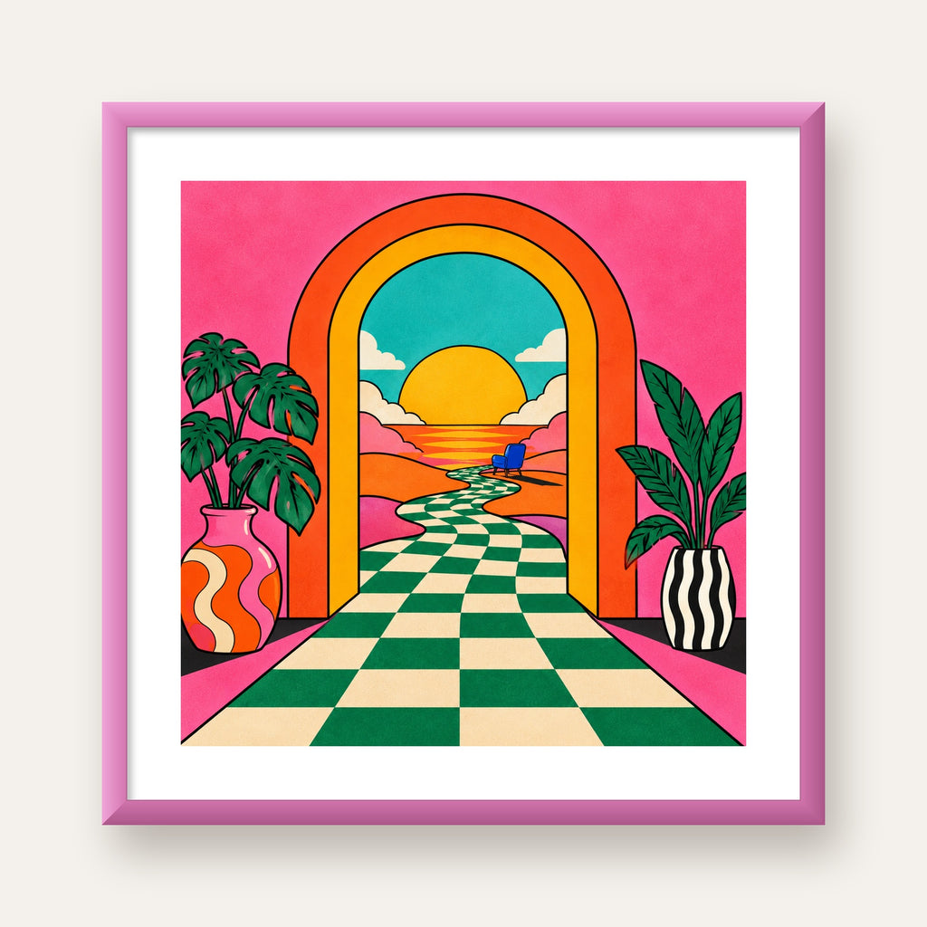 Retro Manzara ve Çizgili Yol Dijital Poster - Renkli Dekor — pembe çerçeveli paspartulu