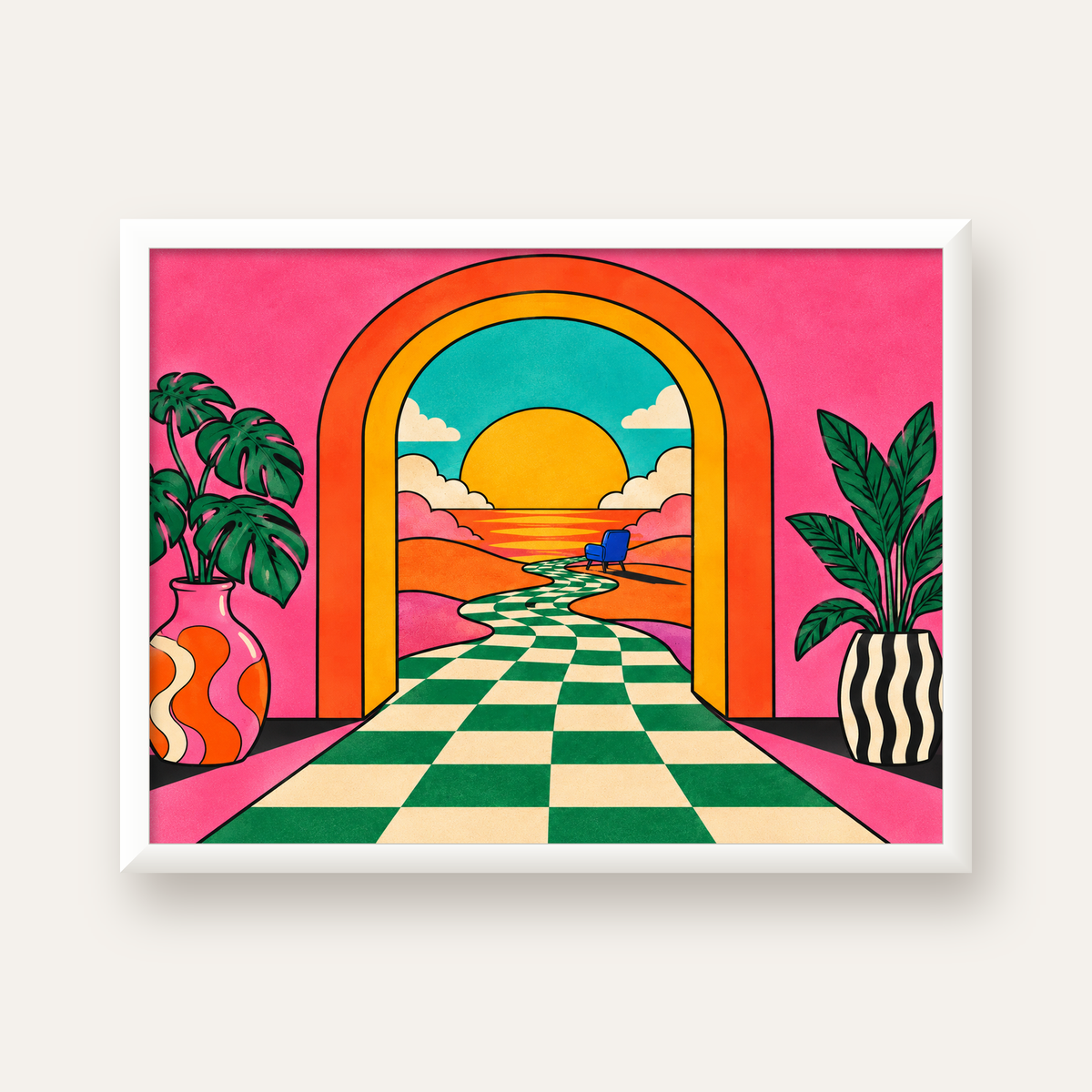 Retro Manzara ve Çizgili Yol Dijital Poster - Renkli Dekor — beyaz çerçeveli yatay poster