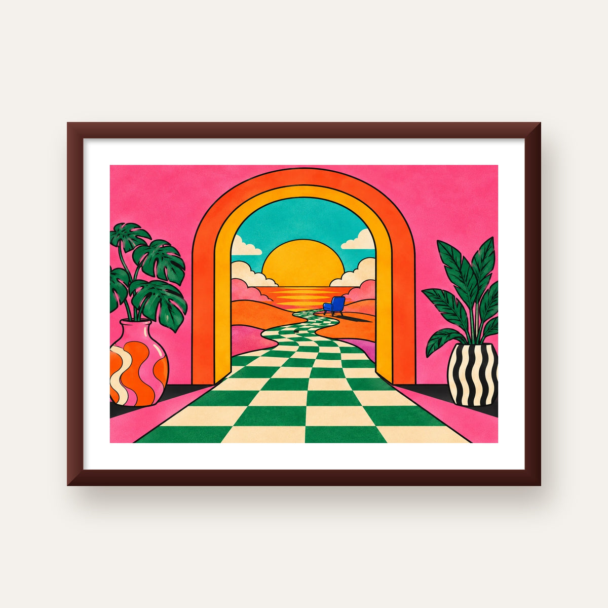 Retro Manzara ve Çizgili Yol Dijital Poster - Renkli Dekor — ceviz çerçeveli paspartulu