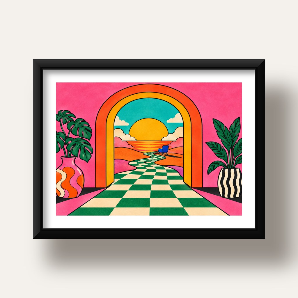 Retro Manzara ve Çizgili Yol Dijital Poster - Renkli Dekor — siyah derin çerçeveli paspartulu
