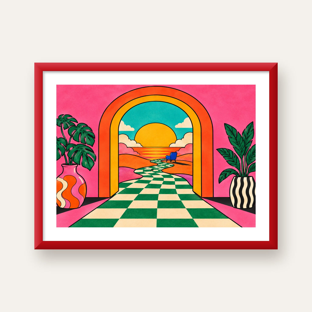 Retro Manzara ve Çizgili Yol Dijital Poster - Renkli Dekor — kırmızı çerçeveli paspartulu