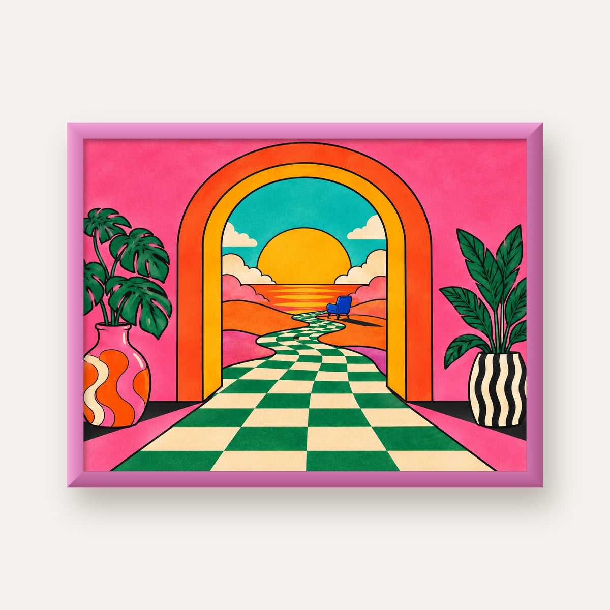 Retro Manzara ve Çizgili Yol Dijital Poster - Renkli Dekor — pembe çerçeveli