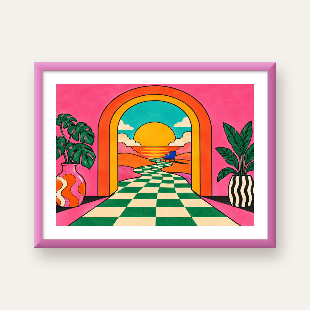 Retro Manzara ve Çizgili Yol Dijital Poster - Renkli Dekor — pembe çerçeveli paspartulu