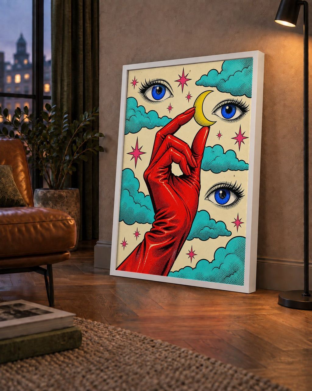Sürreal El, Göz ve Ay Pop Art Poster – Renkli Sanat Baskısı