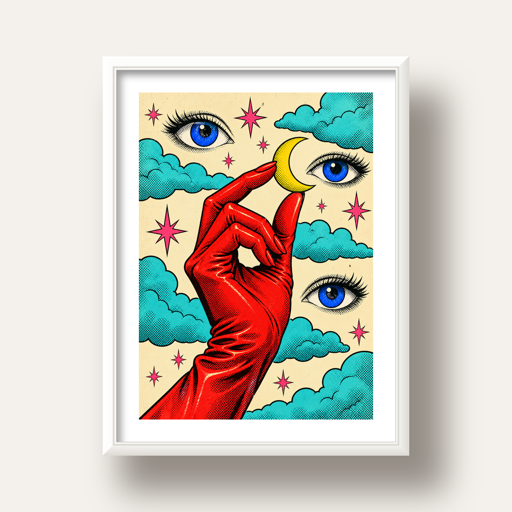 Sürreal El, Göz ve Ay Pop Art Poster – Renkli Sanat Baskısı — beyaz derin çerçeveli paspartulu