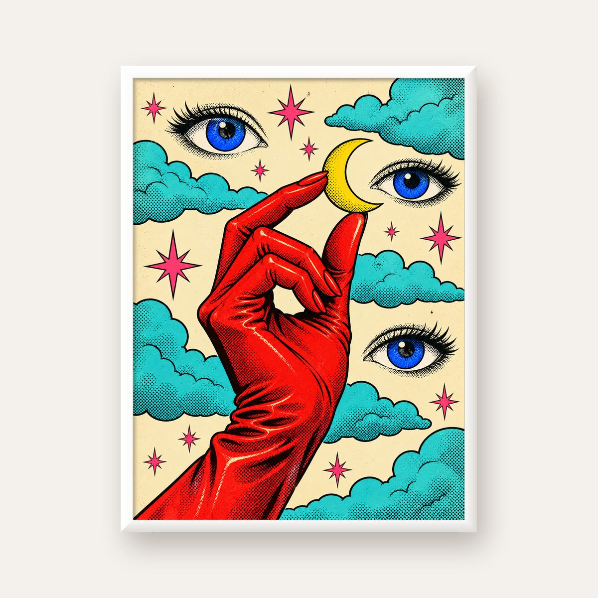 Sürreal El, Göz ve Ay Pop Art Poster – Renkli Sanat Baskısı — beyaz çerçeveli dikey poster