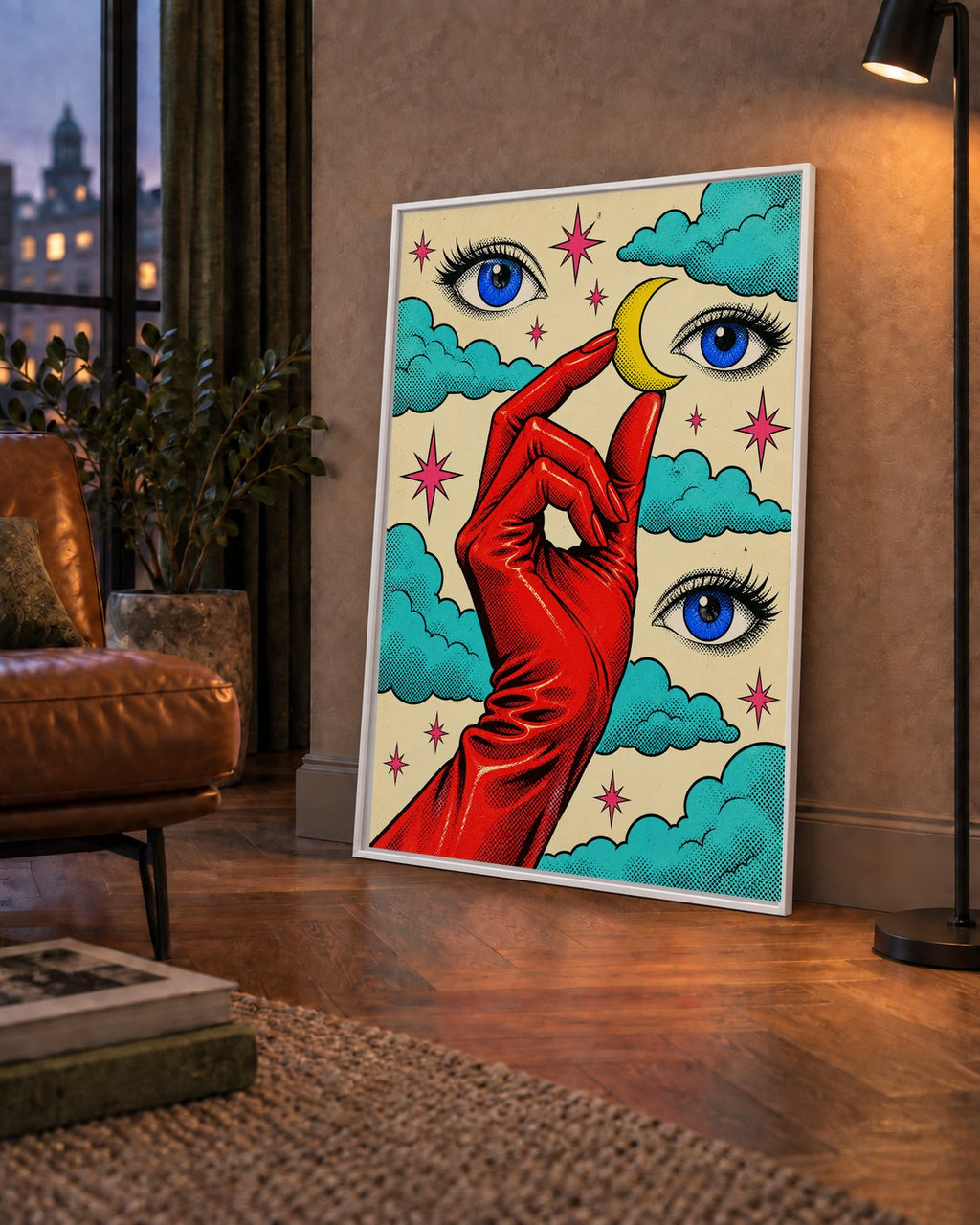 Sürreal El, Göz ve Ay Pop Art Poster – Renkli Sanat Baskısı