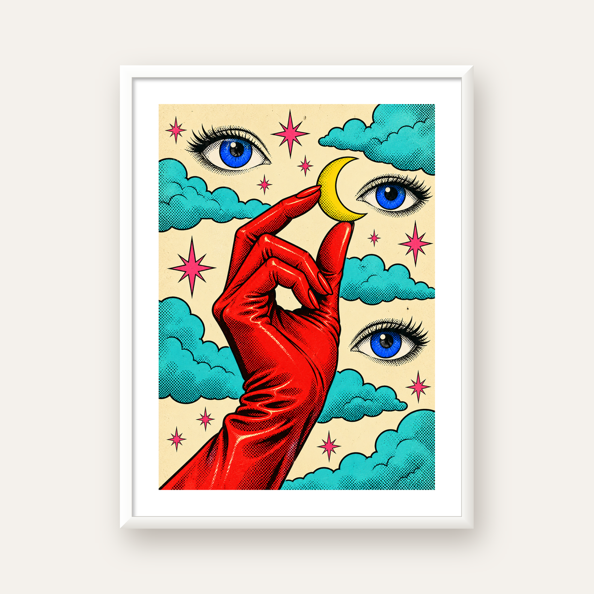 Sürreal El, Göz ve Ay Pop Art Poster – Renkli Sanat Baskısı — beyaz çerçeveli dikey poster