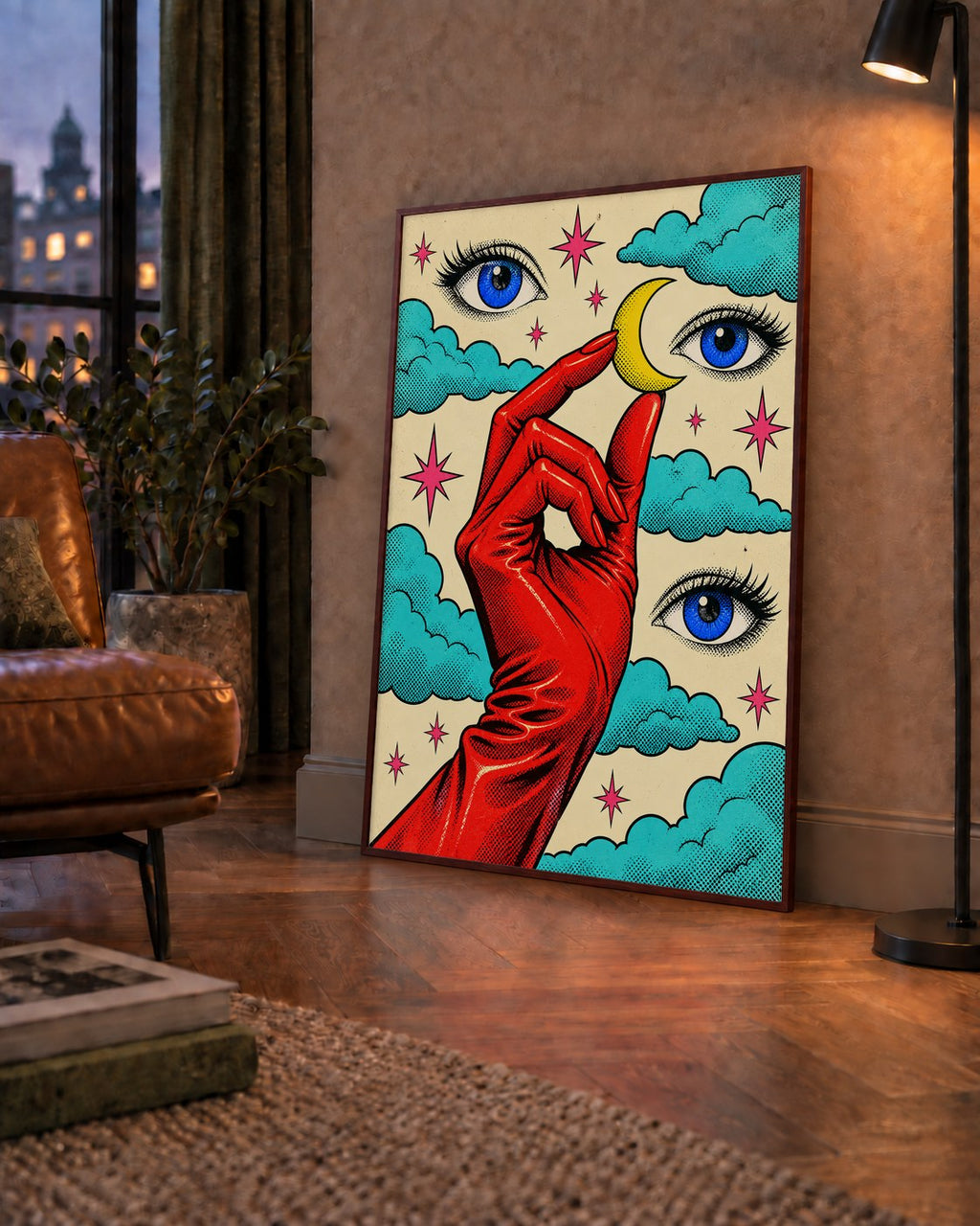 Sürreal El, Göz ve Ay Pop Art Poster – Renkli Sanat Baskısı