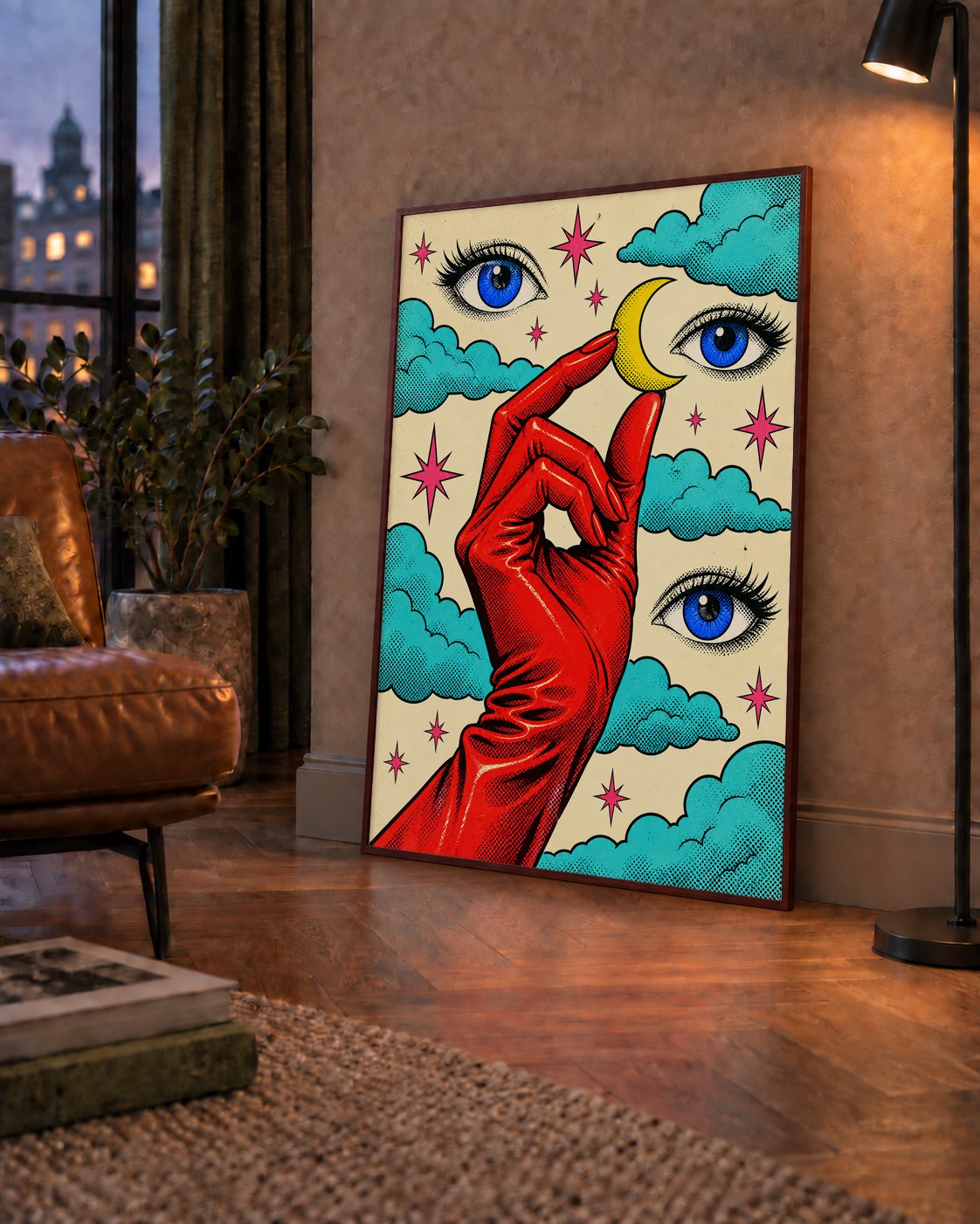 Sürreal El, Göz ve Ay Pop Art Poster – Renkli Sanat Baskısı