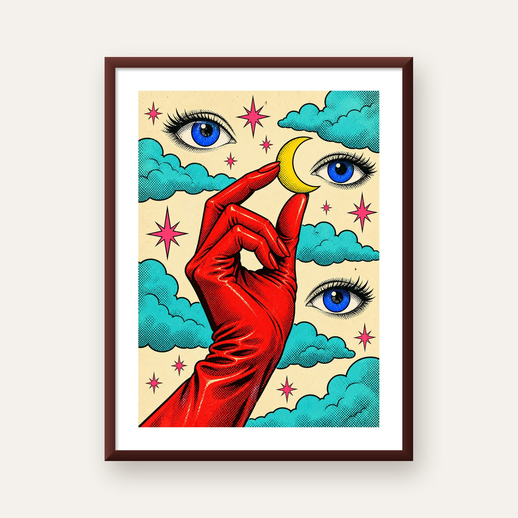 Sürreal El, Göz ve Ay Pop Art Poster – Renkli Sanat Baskısı — ceviz çerçeveli paspartulu
