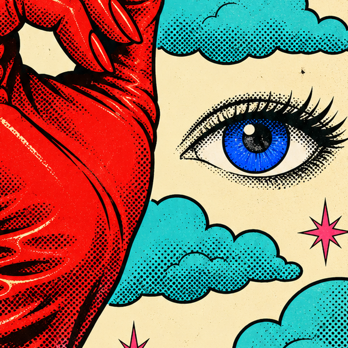 Sürreal El, Göz ve Ay Pop Art Poster – Renkli Sanat Baskısı — baskının yakın çekimi, kâğıt dokusu ve renk detayı