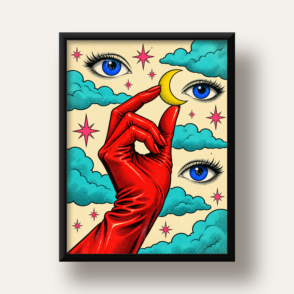 Sürreal El, Göz ve Ay Pop Art Poster – Renkli Sanat Baskısı — siyah derin çerçeveli