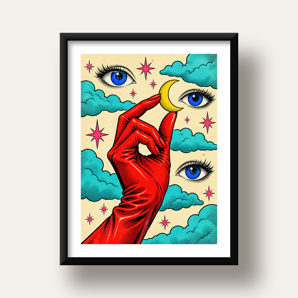 Sürreal El, Göz ve Ay Pop Art Poster – Renkli Sanat Baskısı — siyah derin çerçeveli paspartulu