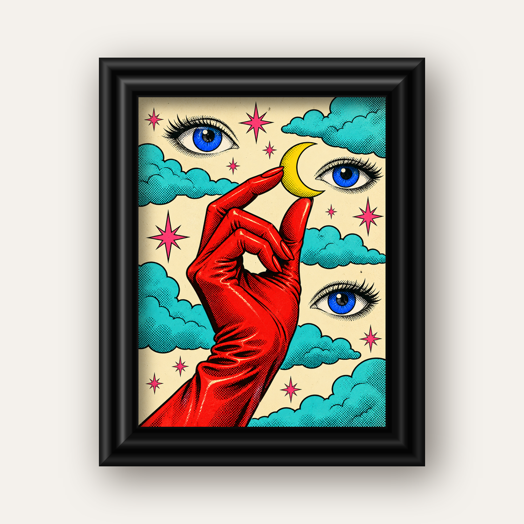 Sürreal El, Göz ve Ay Pop Art Poster – Renkli Sanat Baskısı — siyah galeri çerçeveli