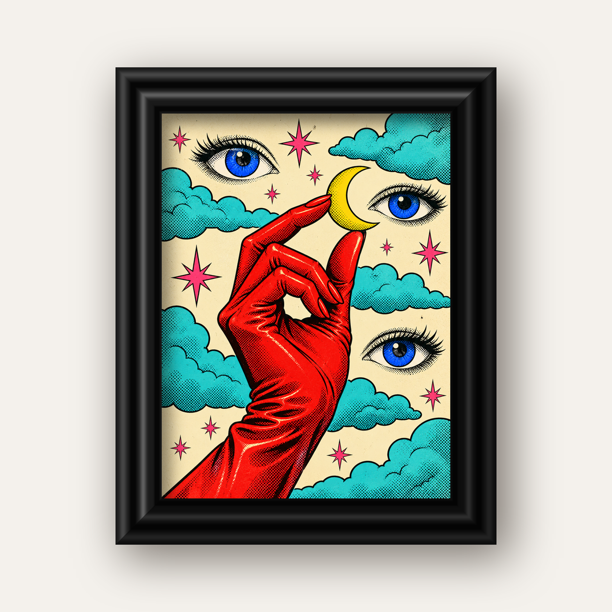 Sürreal El, Göz ve Ay Pop Art Poster – Renkli Sanat Baskısı — siyah galeri çerçeveli