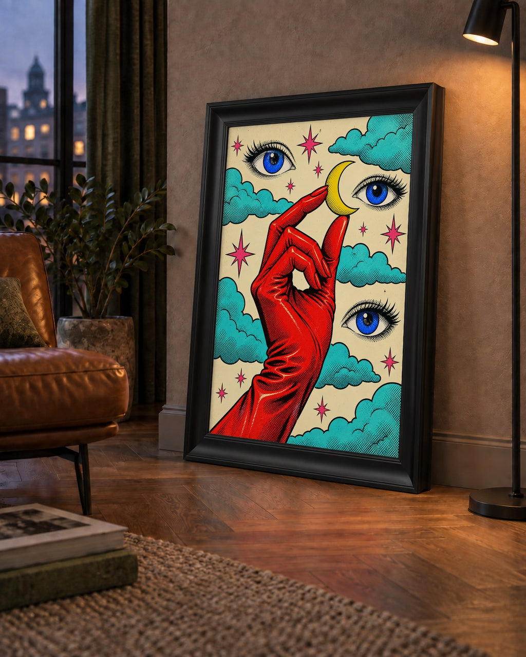 Sürreal El, Göz ve Ay Pop Art Poster – Renkli Sanat Baskısı
