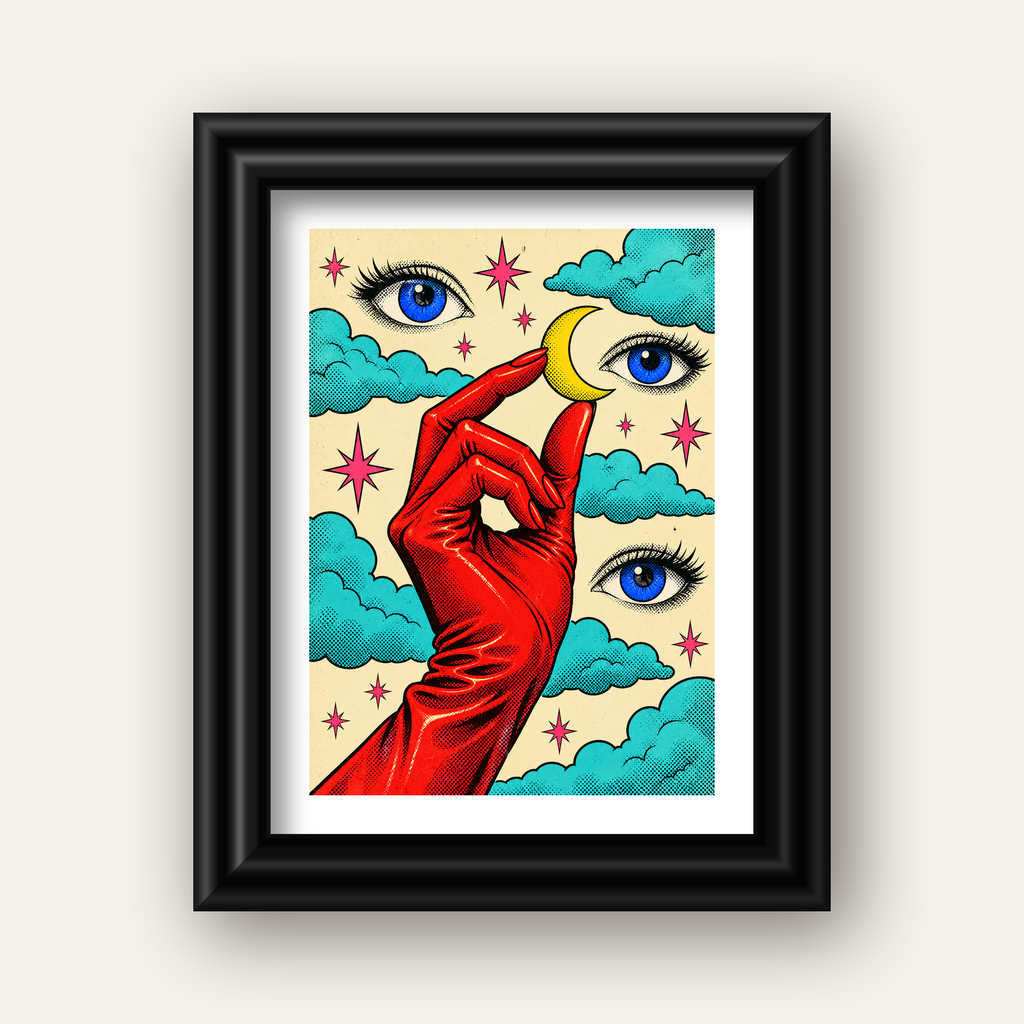 Sürreal El, Göz ve Ay Pop Art Poster – Renkli Sanat Baskısı — siyah galeri çerçeveli paspartulu