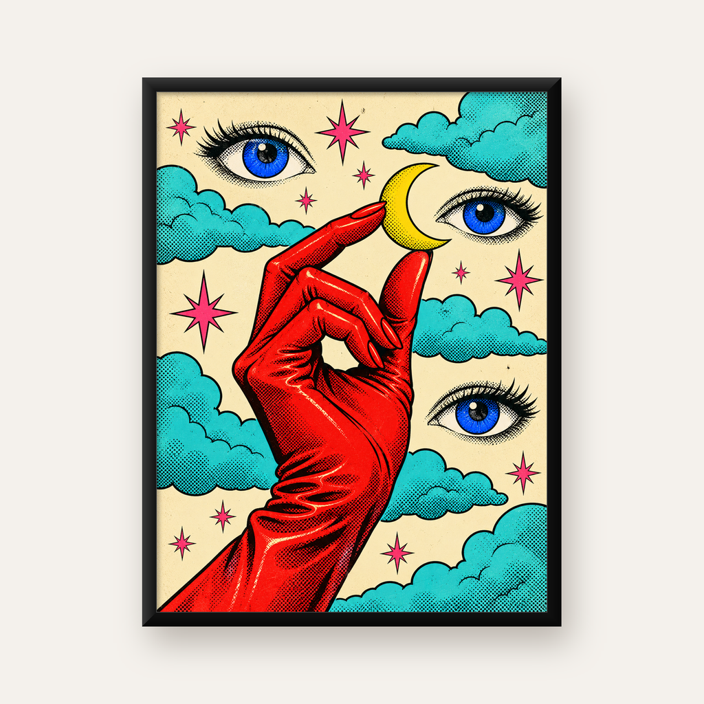 Sürreal El, Göz ve Ay Pop Art Poster – Renkli Sanat Baskısı — Dikey baskı, düz siyah çerçeveli duvar posteri