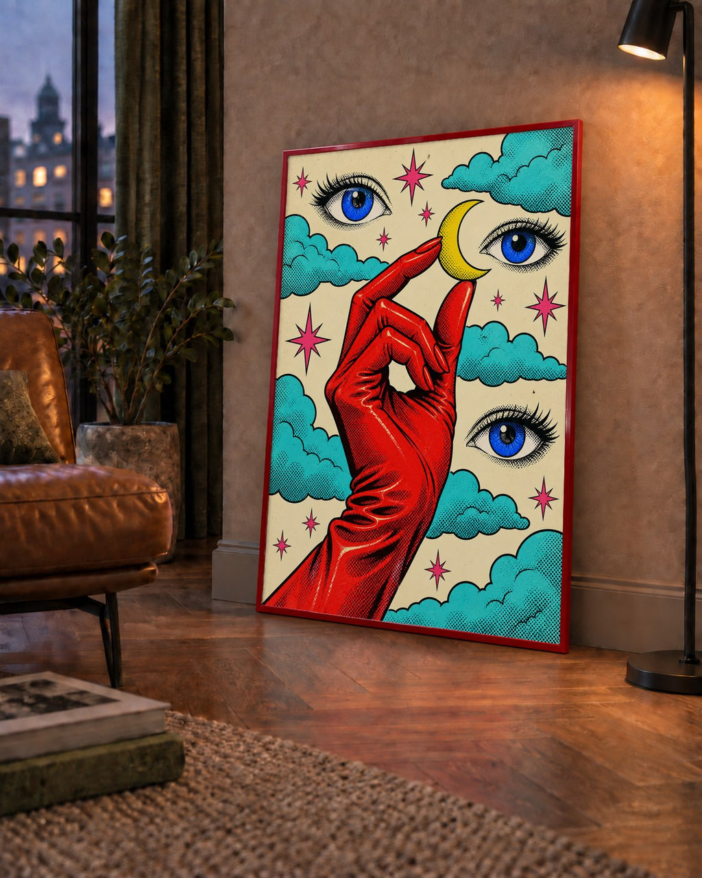 Sürreal El, Göz ve Ay Pop Art Poster – Renkli Sanat Baskısı