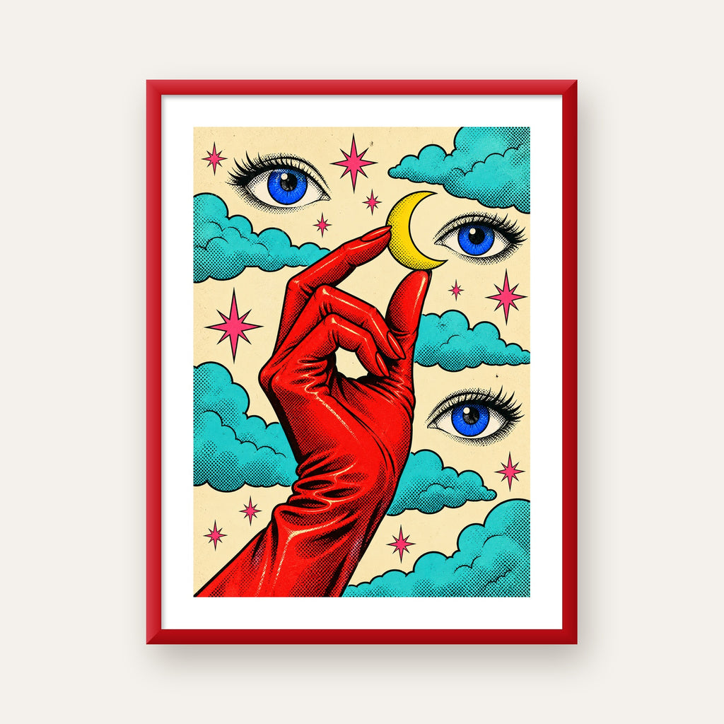 Sürreal El, Göz ve Ay Pop Art Poster – Renkli Sanat Baskısı — kırmızı çerçeveli paspartulu