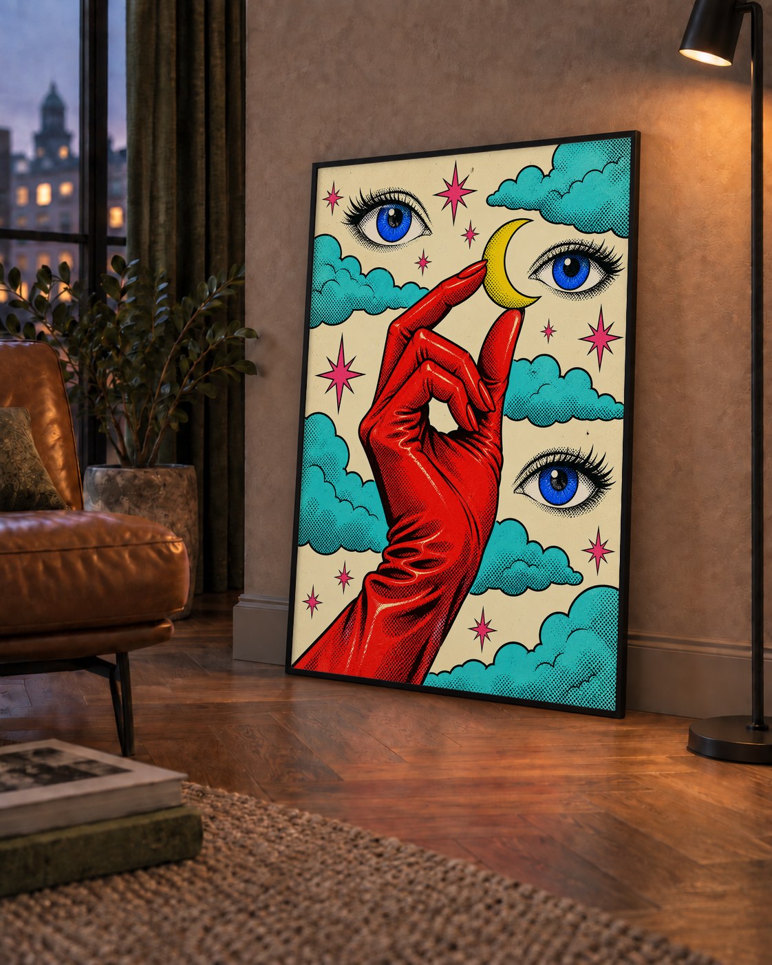 Sürreal El, Göz ve Ay Pop Art Poster – Renkli Sanat Baskısı
