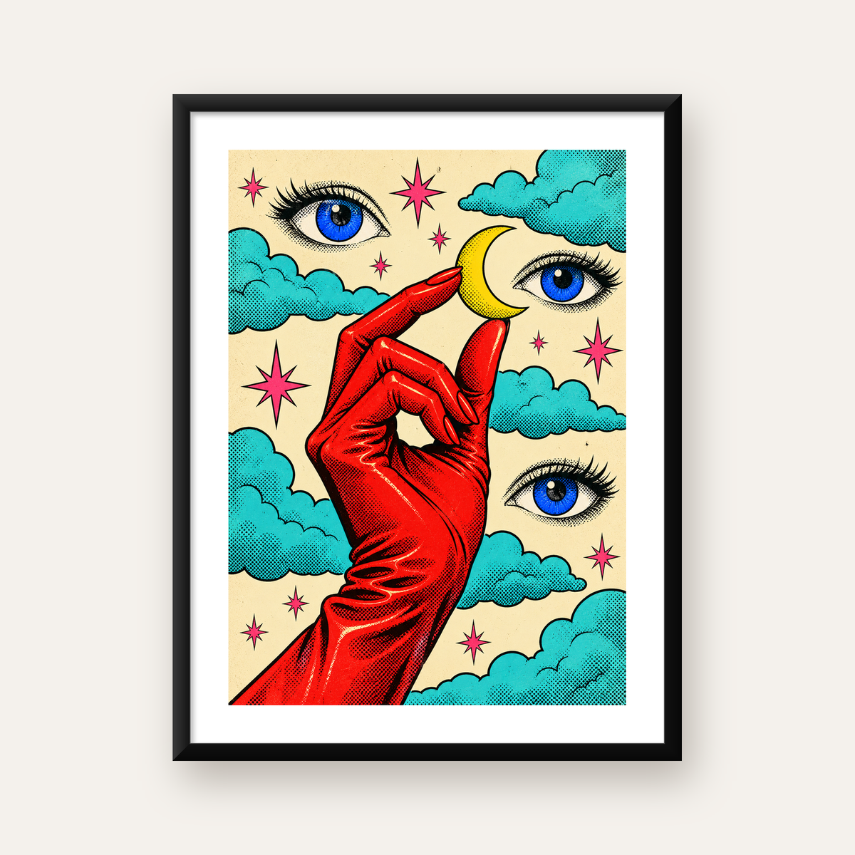 Sürreal El, Göz ve Ay Pop Art Poster – Renkli Sanat Baskısı — Dikey baskı, beyaz paspartulu