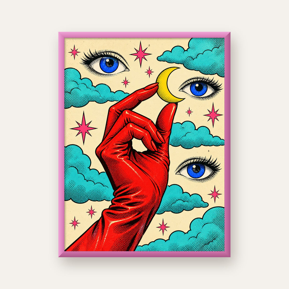 Sürreal El, Göz ve Ay Pop Art Poster – Renkli Sanat Baskısı — pembe çerçeveli