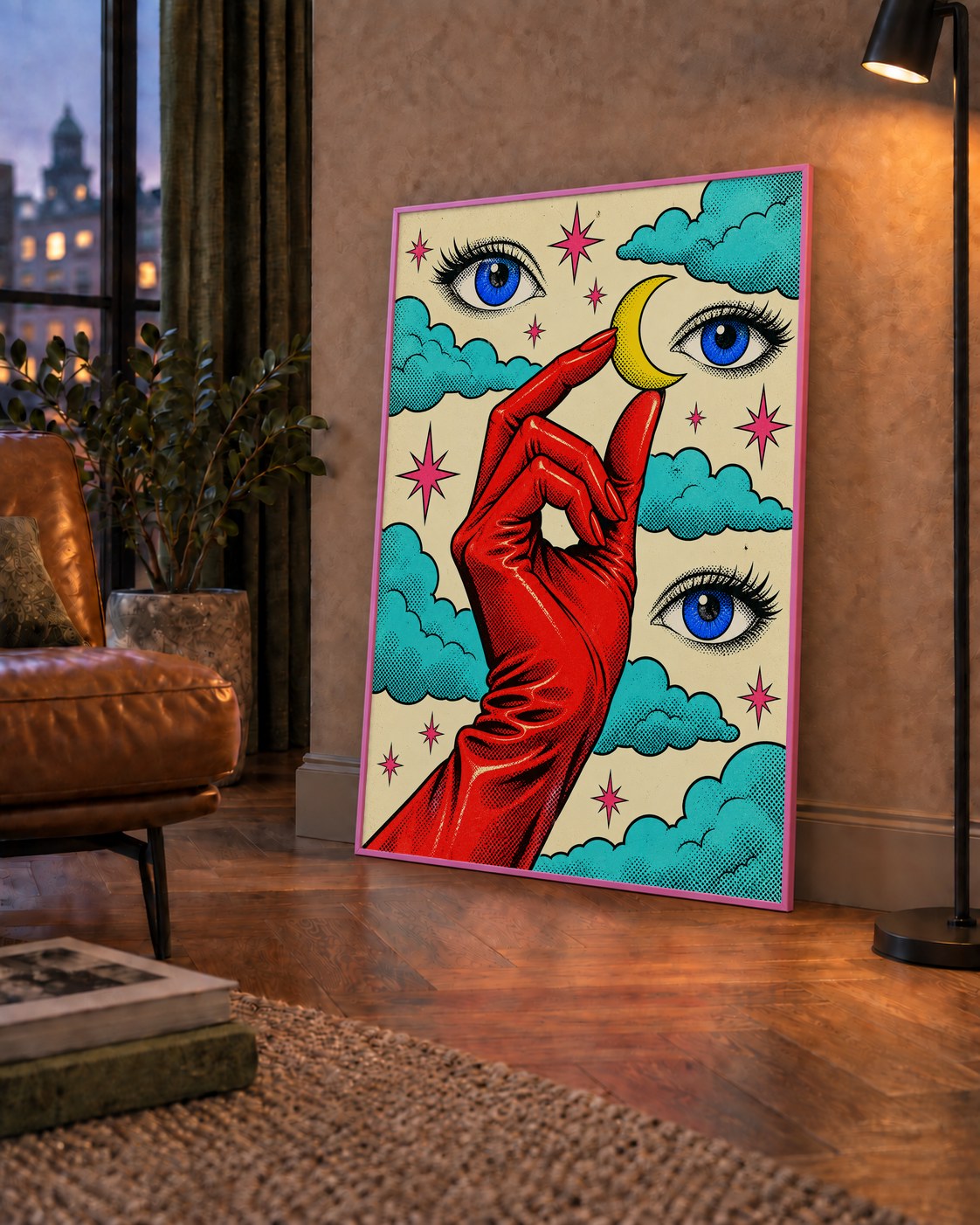 Sürreal El, Göz ve Ay Pop Art Poster – Renkli Sanat Baskısı