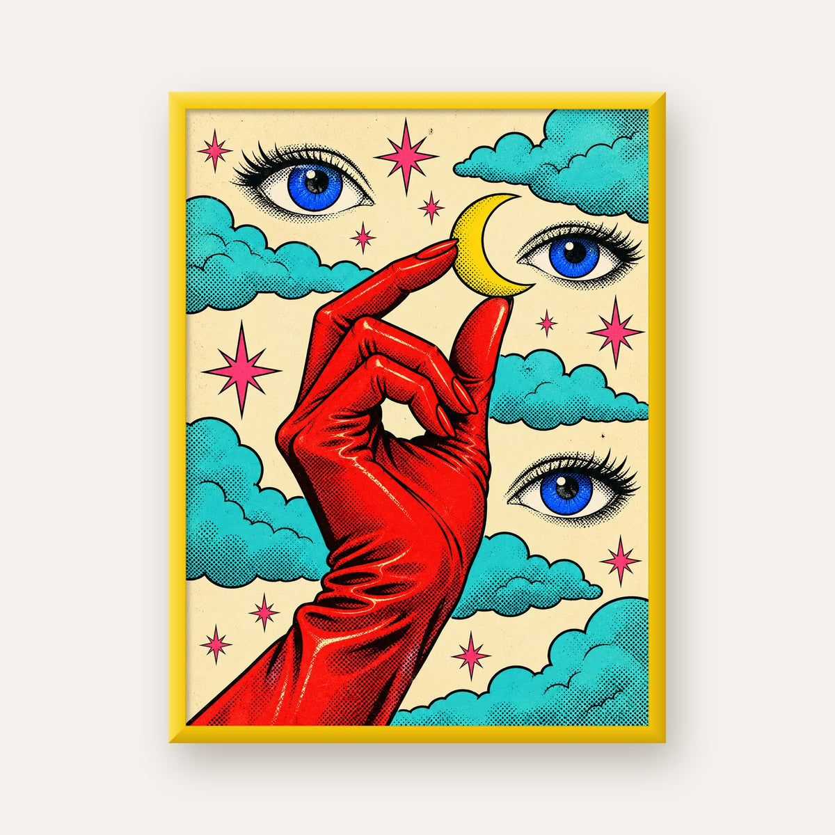 Sürreal El, Göz ve Ay Pop Art Poster – Renkli Sanat Baskısı — sarı çerçeveli