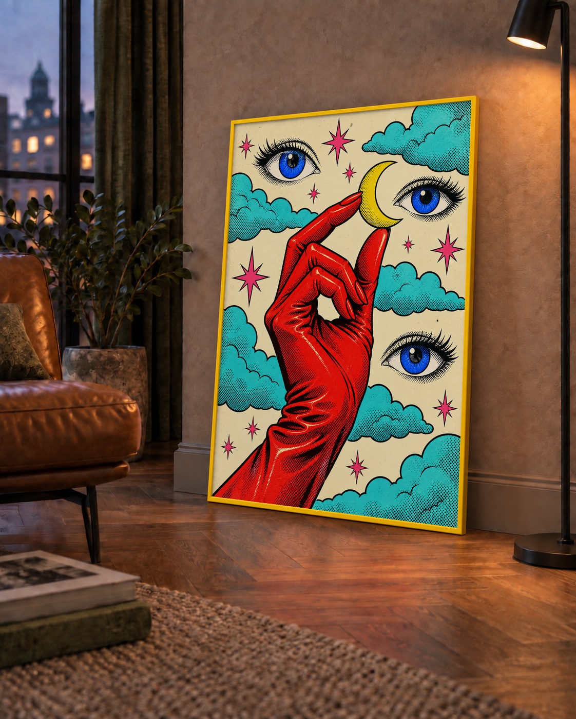 Sürreal El, Göz ve Ay Pop Art Poster – Renkli Sanat Baskısı