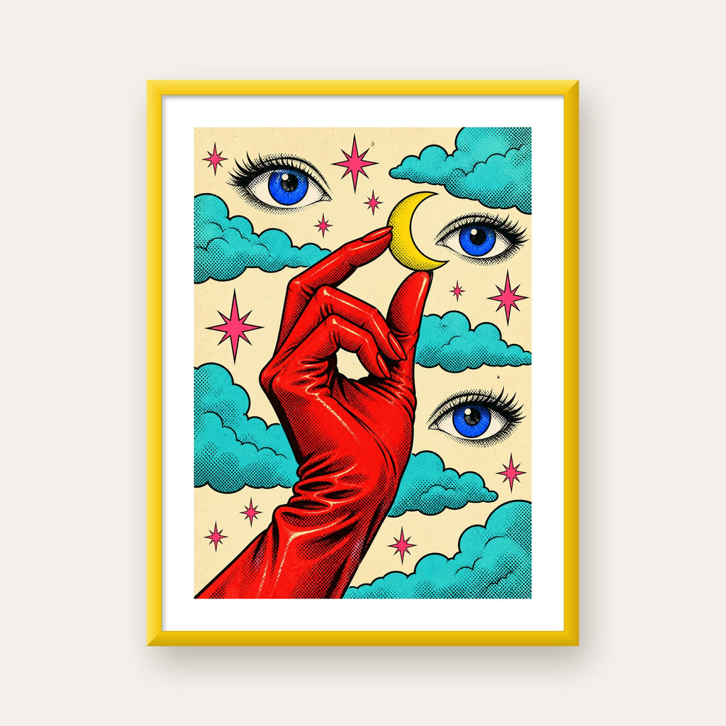 Sürreal El, Göz ve Ay Pop Art Poster – Renkli Sanat Baskısı — sarı çerçeveli paspartulu