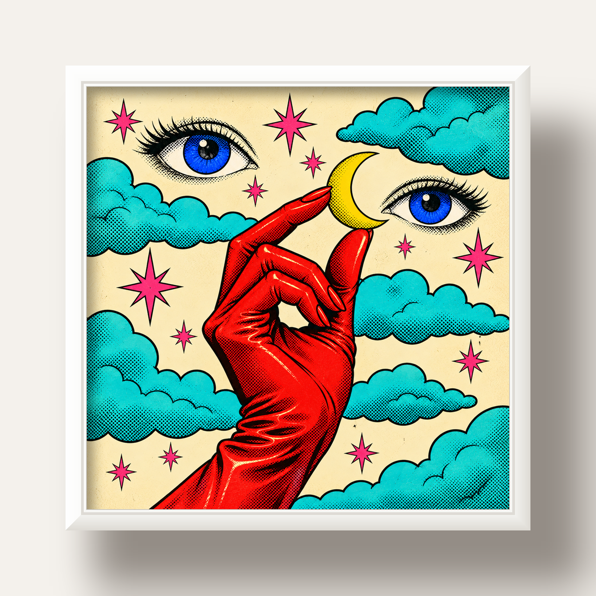 Sürreal El, Göz ve Ay Pop Art Poster – Renkli Sanat Baskısı — beyaz derin çerçeveli