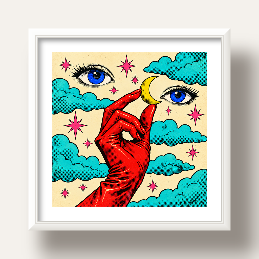 Sürreal El, Göz ve Ay Pop Art Poster – Renkli Sanat Baskısı — beyaz derin çerçeveli paspartulu
