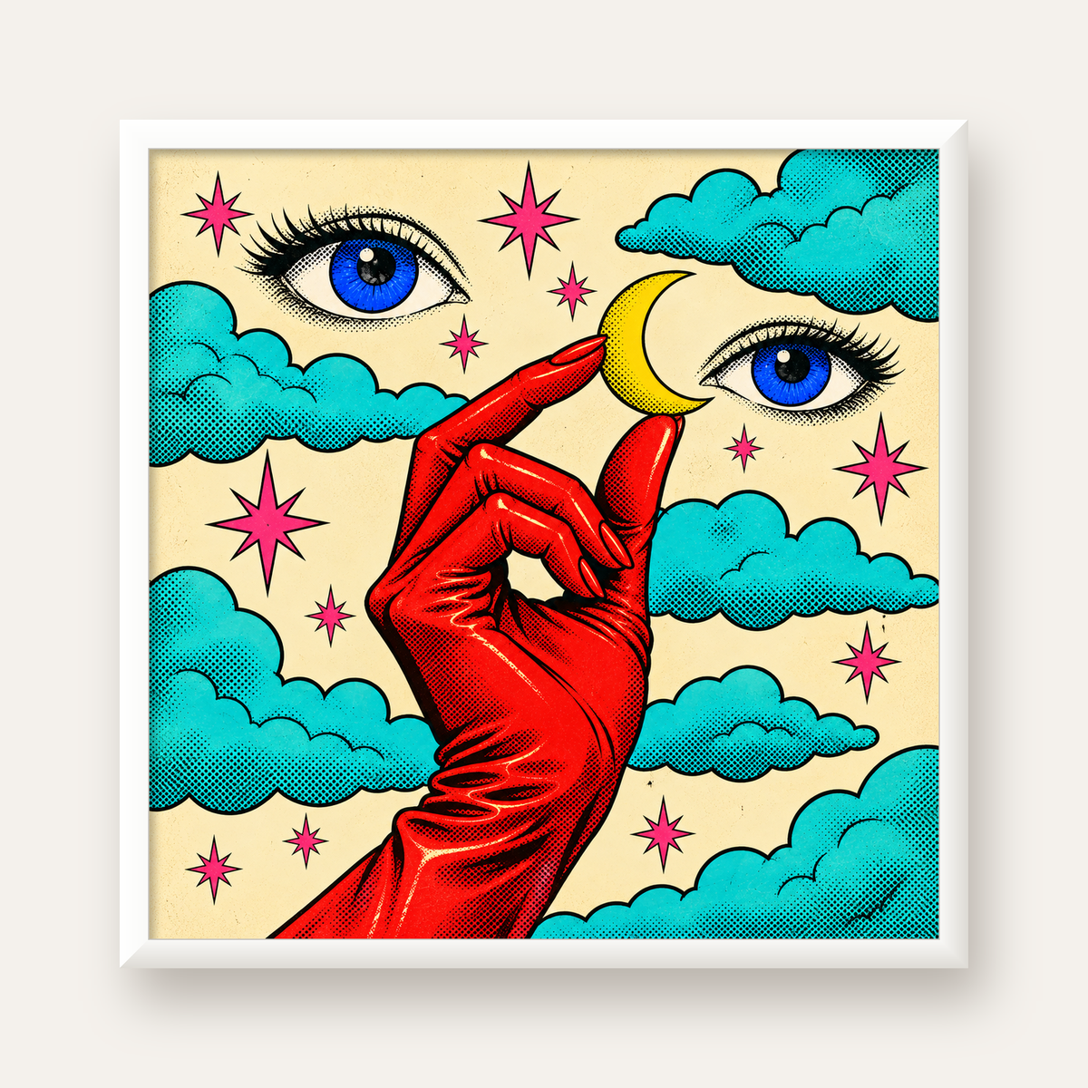 Sürreal El, Göz ve Ay Pop Art Poster – Renkli Sanat Baskısı — beyaz çerçeveli kare poster