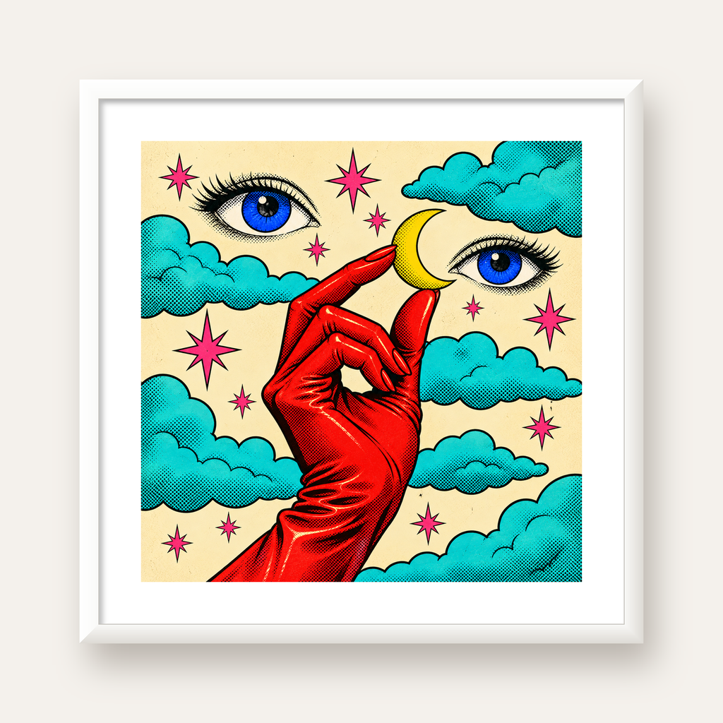 Sürreal El, Göz ve Ay Pop Art Poster – Renkli Sanat Baskısı — beyaz çerçeveli kare poster