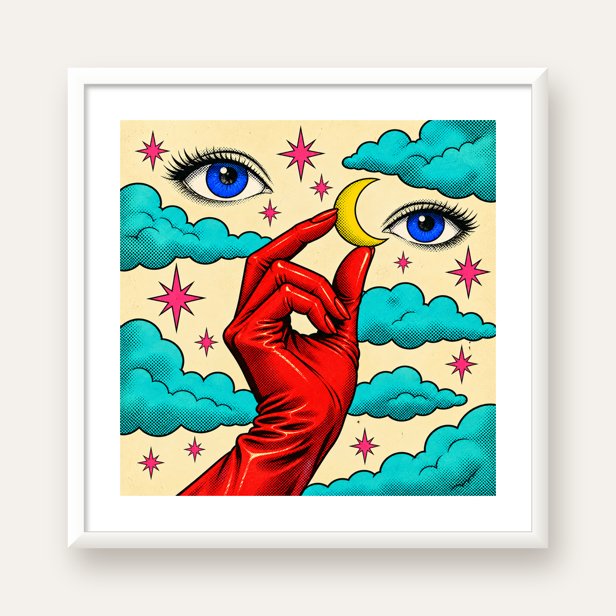 Sürreal El, Göz ve Ay Pop Art Poster – Renkli Sanat Baskısı — beyaz çerçeveli kare poster
