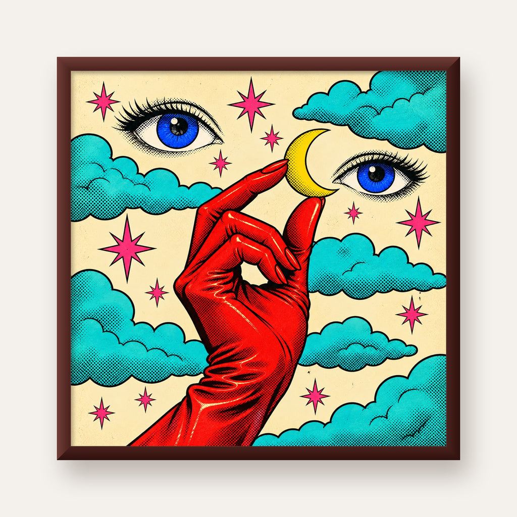 Sürreal El, Göz ve Ay Pop Art Poster – Renkli Sanat Baskısı — ceviz çerçeveli