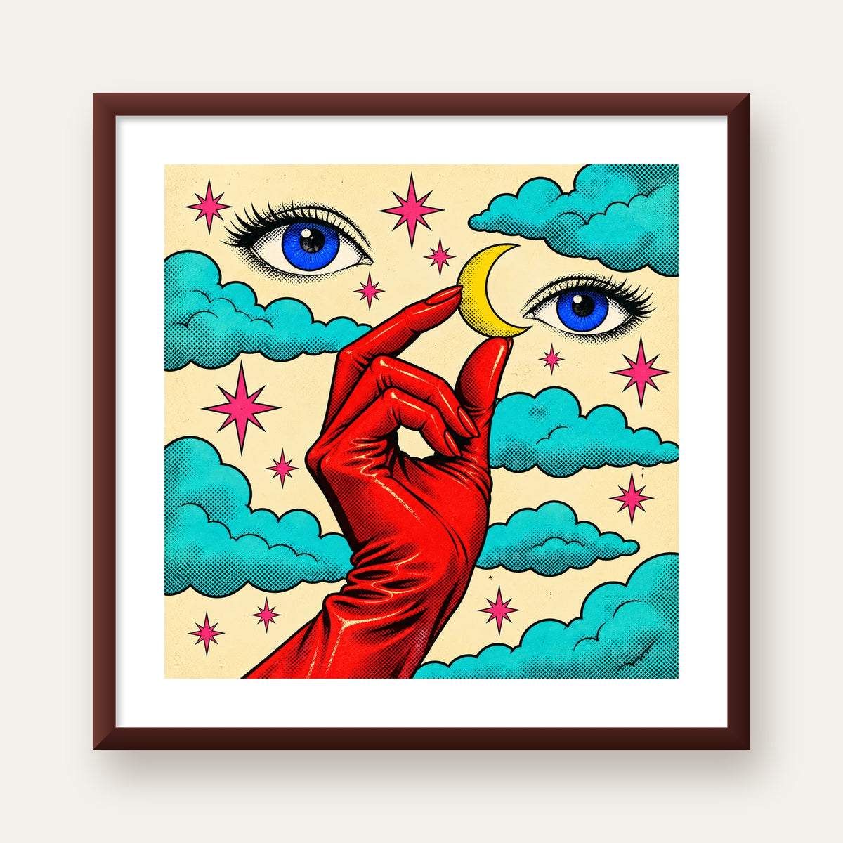 Sürreal El, Göz ve Ay Pop Art Poster – Renkli Sanat Baskısı — ceviz çerçeveli paspartulu